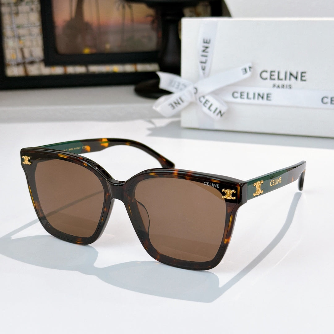 Sunglasses with tortoiseshell frame and brown tinted lenses, gold logo on temples