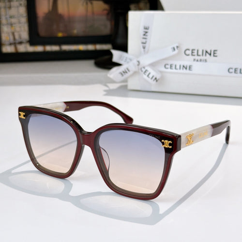 Celine sunglasses with burgundy frame and blue tinted lenses, gold logo on temples