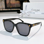 Sunglasses with black frame and dark tinted lenses, gold logo on temples
