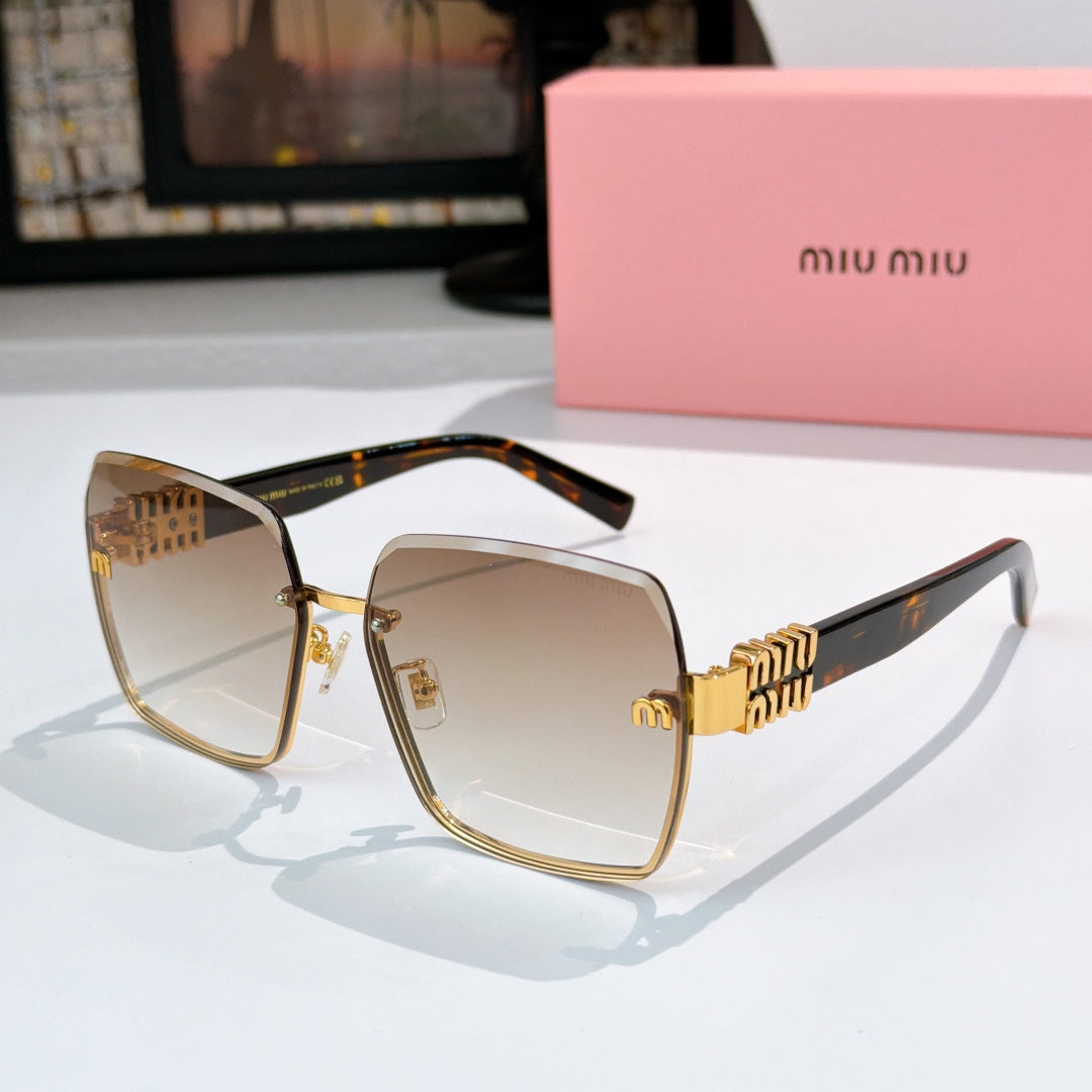 Sunglasses with brown-tinted lenses, tortoise temples, and gold logo embellishments