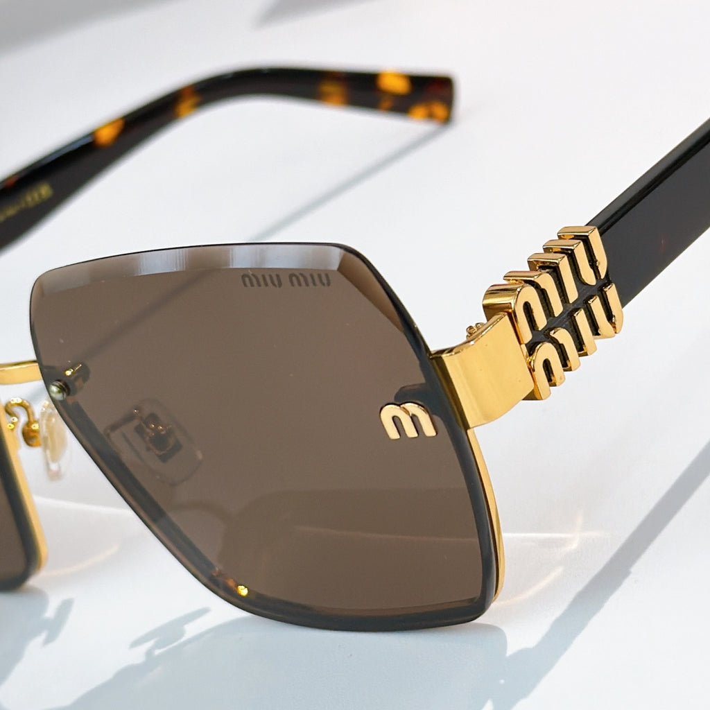 Sunglasses close-up with dark lenses, gold logo plate, and black temple arm