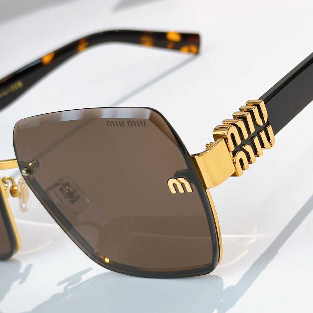 Sunglasses close-up with dark lenses, gold logo plate, and black temple arm