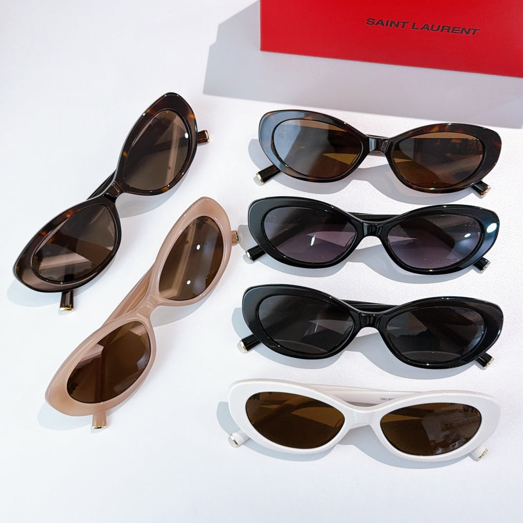 MiuMiu cat-eye sunglasses set with multiple frames: black, brown, white, and beige with lenses