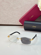 Cartier eyeglasses with black frames and dark smoky gradient lenses, gold accents