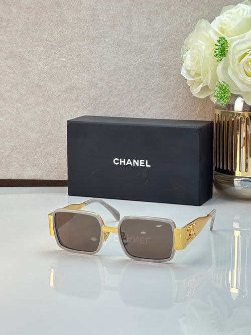 Celine glasses with gray frames, brown lenses, and gold side accents