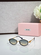MiuMiu black octagonal sunglasses with blue-tinted lenses and metal arms