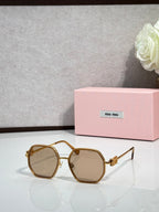 Square sunglasses with gold frame and tan-tinted lenses, metal temple detail