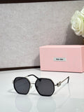 Square sunglasses with black frame and dark lenses, metallic detail on temples