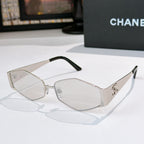 Hexagon sunglasses with clear-silver frames and dark lenses, detailed temples