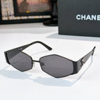 Dark-framed hexagon sunglasses with black-tinted lenses and curved temples
