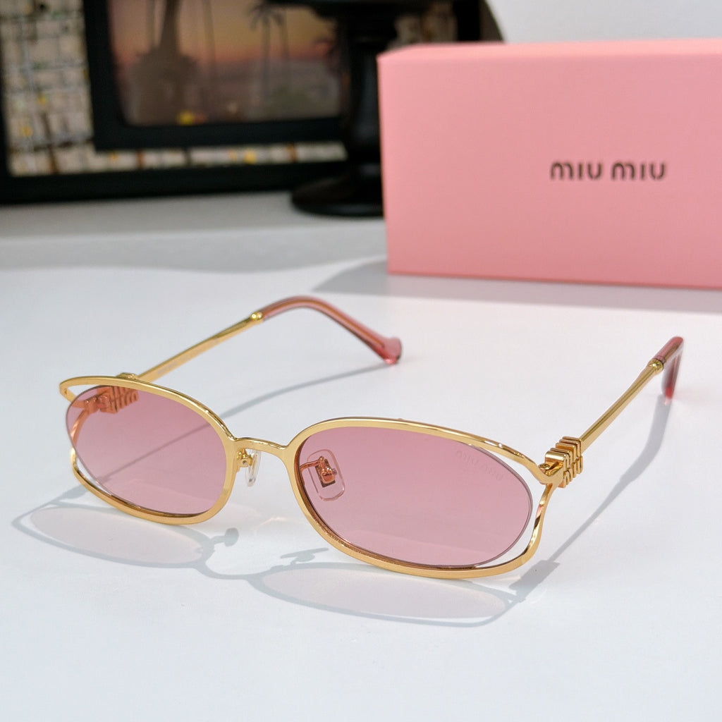 MiuMiu sunglasses with gold-tone oval frames and pink lenses, pink-tinted temple tips