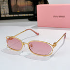 MiuMiu sunglasses with gold-tone oval frames and pink lenses, pink-tinted temple tips