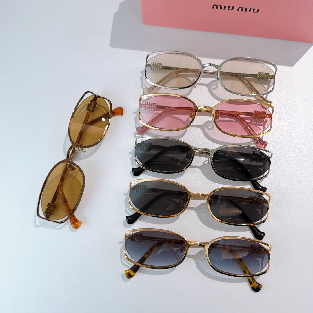 MiuMiu sunglasses assortment with mixed frames and lenses: clear, pink, amber, and black