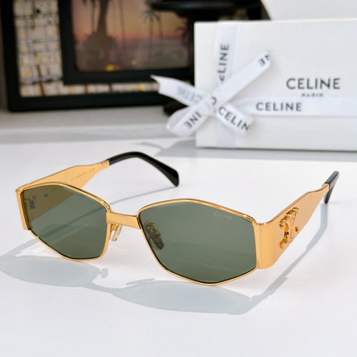 Celine gold sunglasses with green lenses and sleek angular frames