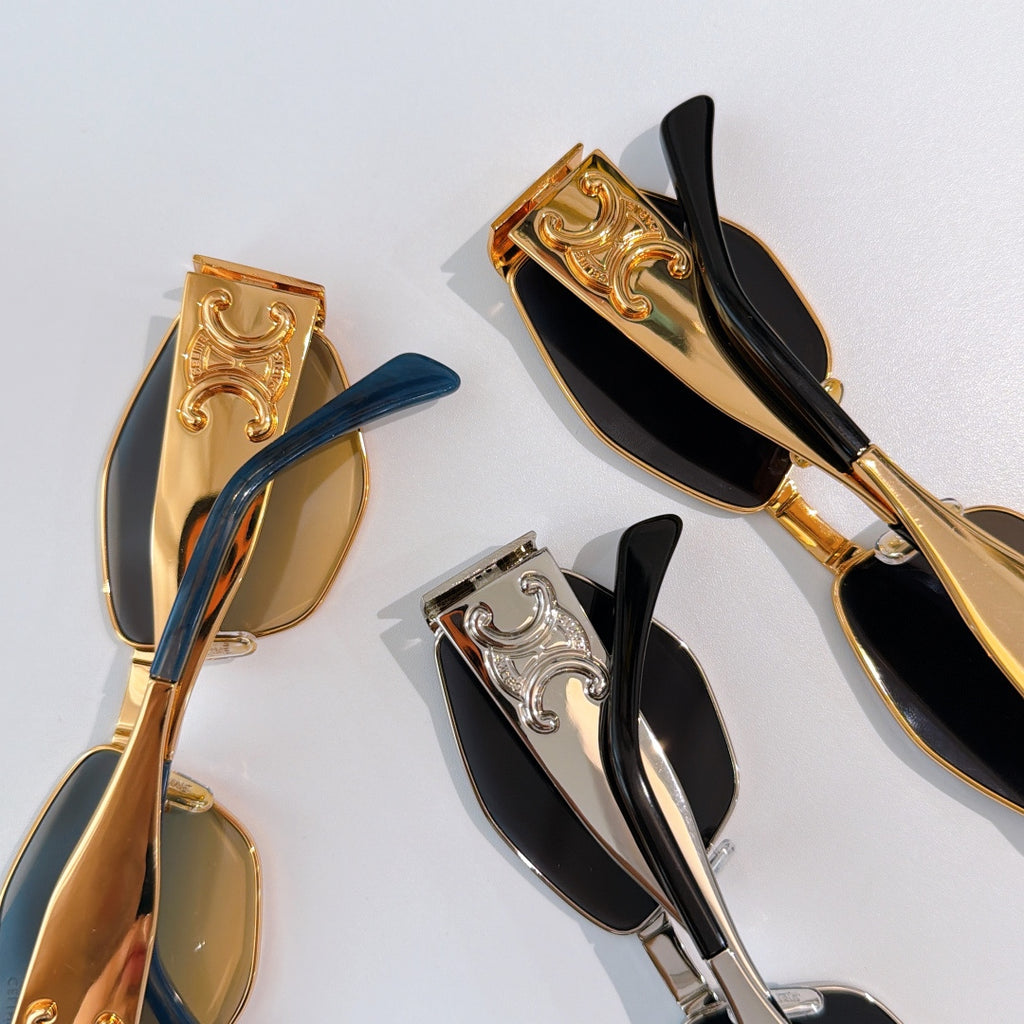 Celine eyeglasses close-up showing gold, black, and silver frames with logo fronts