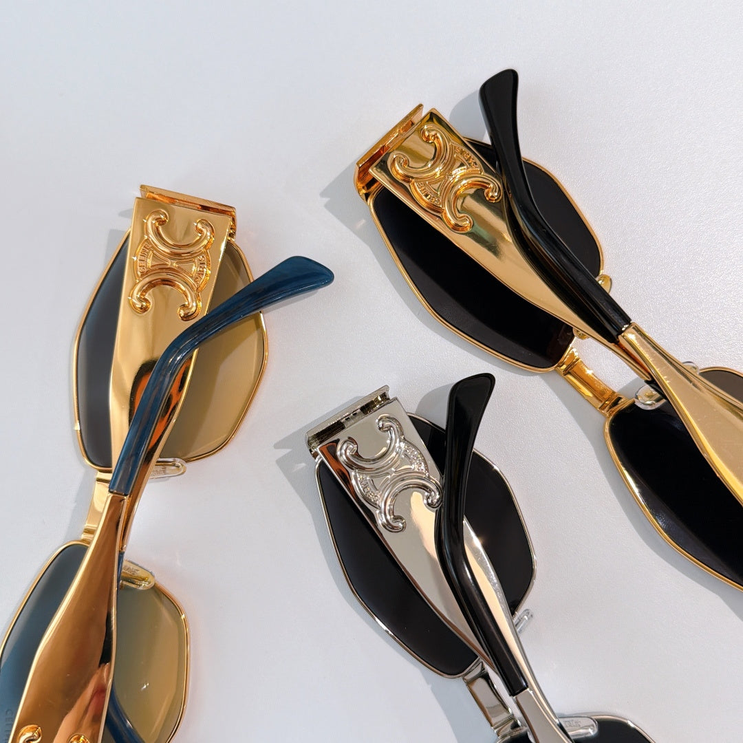 Celine eyeglasses close-up showing gold, black, and silver frames with logo fronts