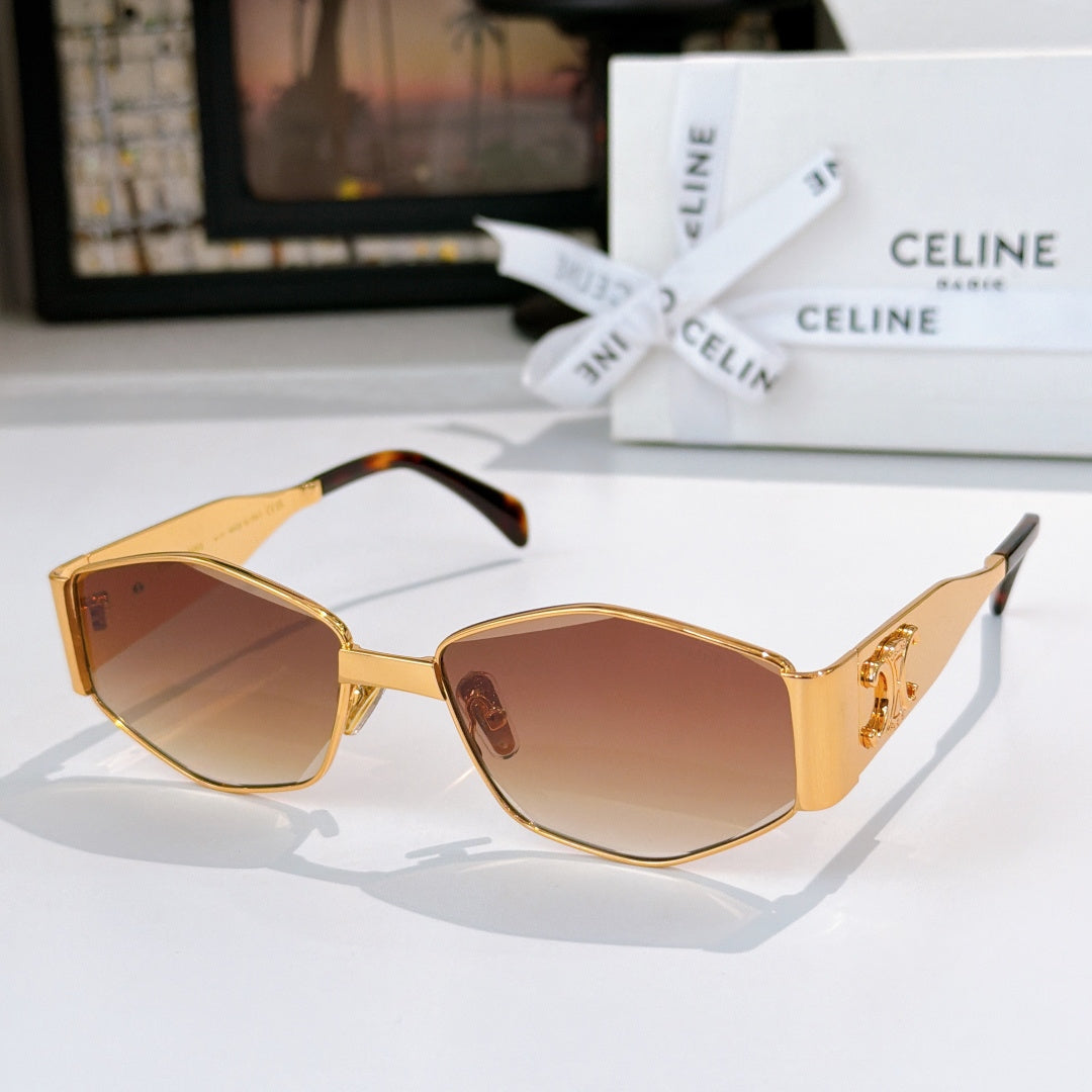 Celine gold sunglasses with warm brown lenses and angular cat-eye shape
