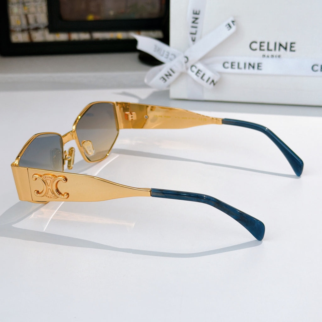 Celine gold sunglasses with blue temples and ornate front hinge detail