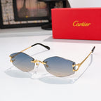 Sunglasses with gold metal frame, light blue tinted lenses, black temple arms