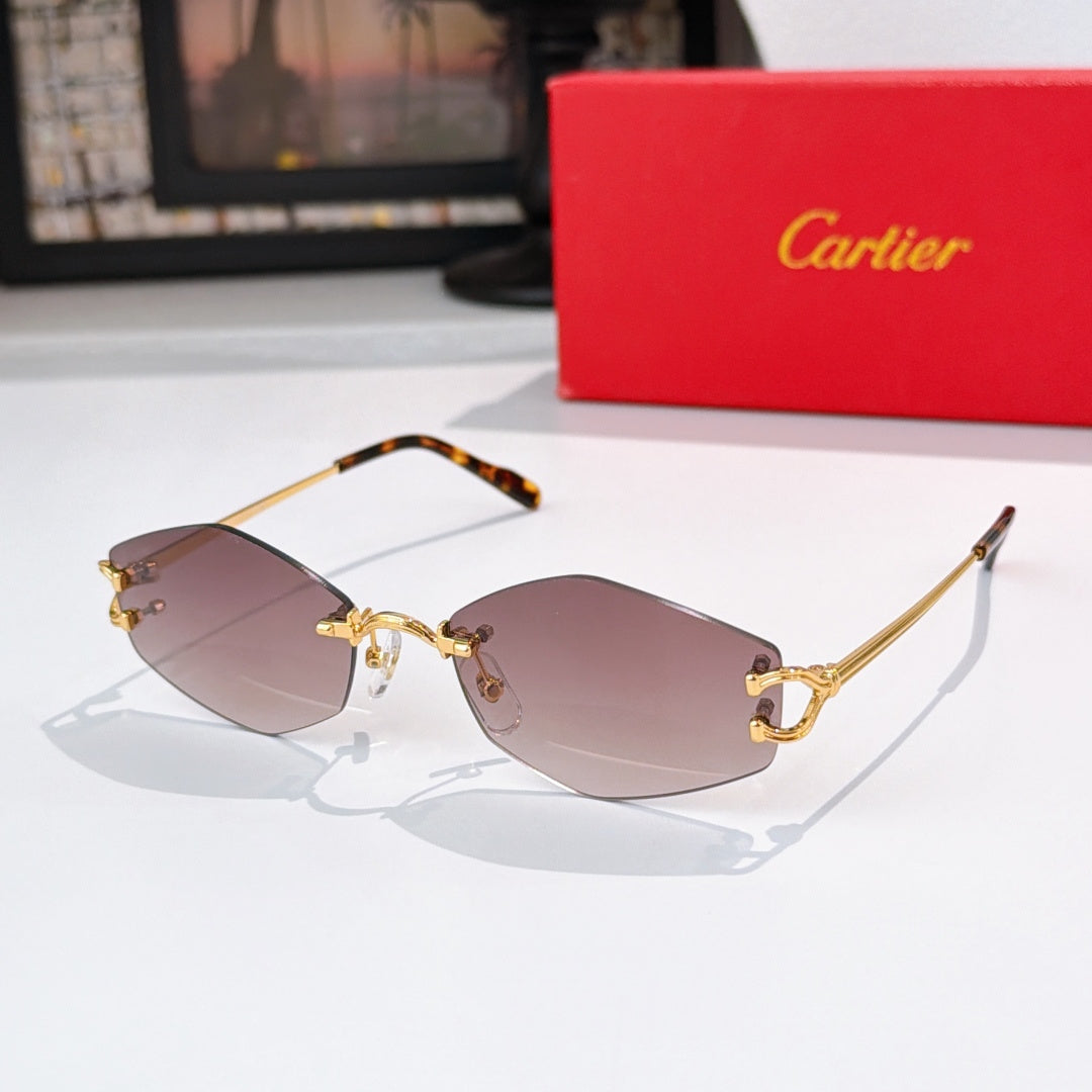 Sunglasses with gold metal frame, mauve tinted lenses, tortoise-style brow arms