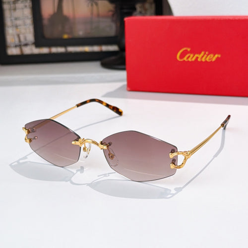 Sunglasses with gold metal frame, mauve tinted lenses, tortoise-style brow arms