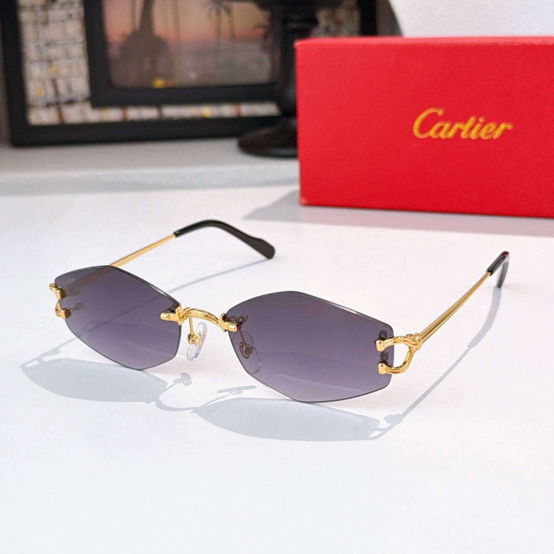 Sunglasses with gold metal frame, purple-gray tinted lenses, black temple arms