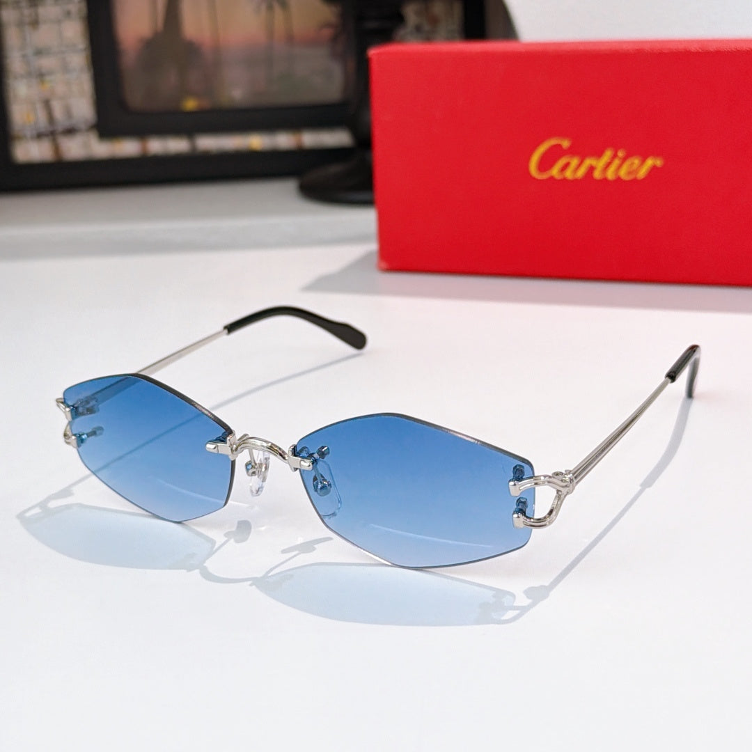 Sunglasses with silver metal frame, light blue tinted lenses, black temple arms