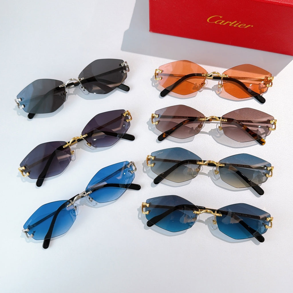Mixed set of sunglasses with dark, orange, purple, and blue tinted lenses and gold frames