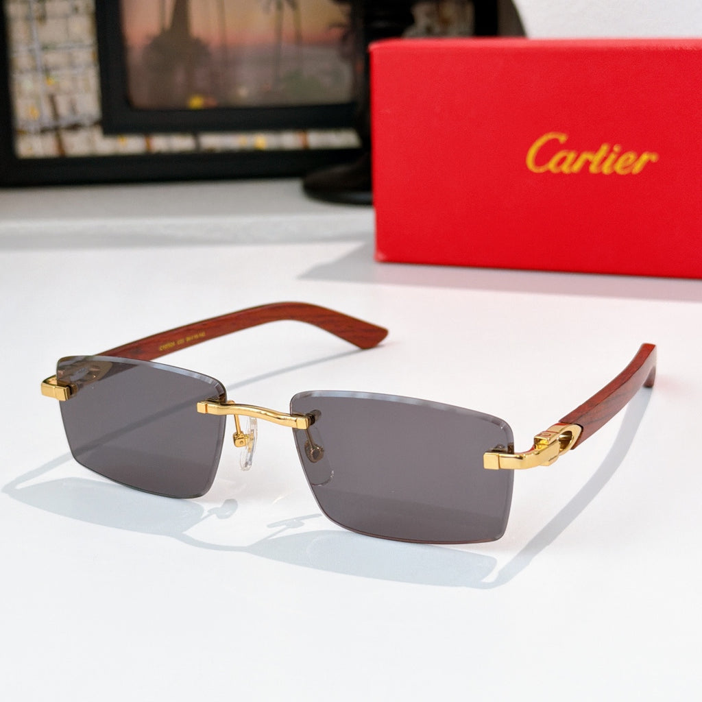 Cartier sunglasses with gray lenses and brown temple arms, gold-tone metal frame
