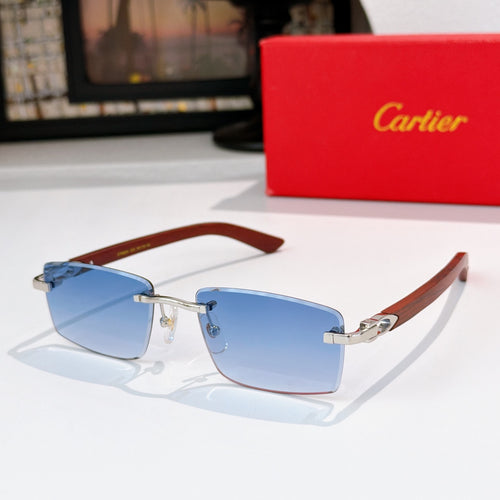 Cartier sunglasses with blue lenses and brown temple arms, gold-tone metal frame