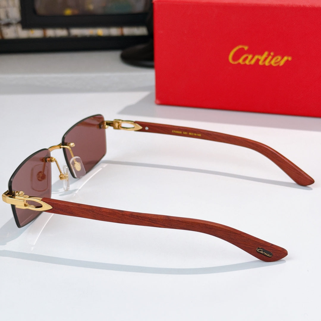 Cartier sunglasses side view with brown lenses and brown temple arms, gold-tone hardware