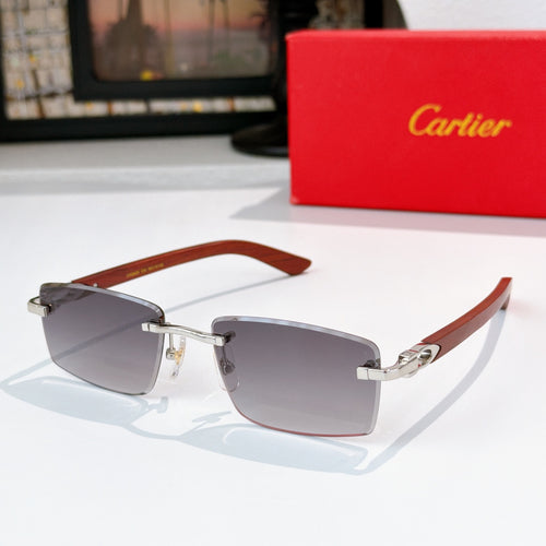 Cartier sunglasses with dark gray lenses and brown temple arms, gold-tone metal frame