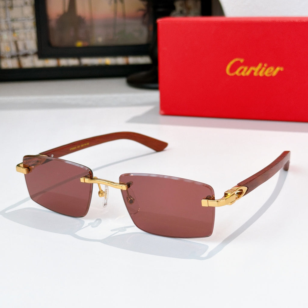 Cartier sunglasses with mauve-brown lenses and brown temple arms, gold-tone metal frame