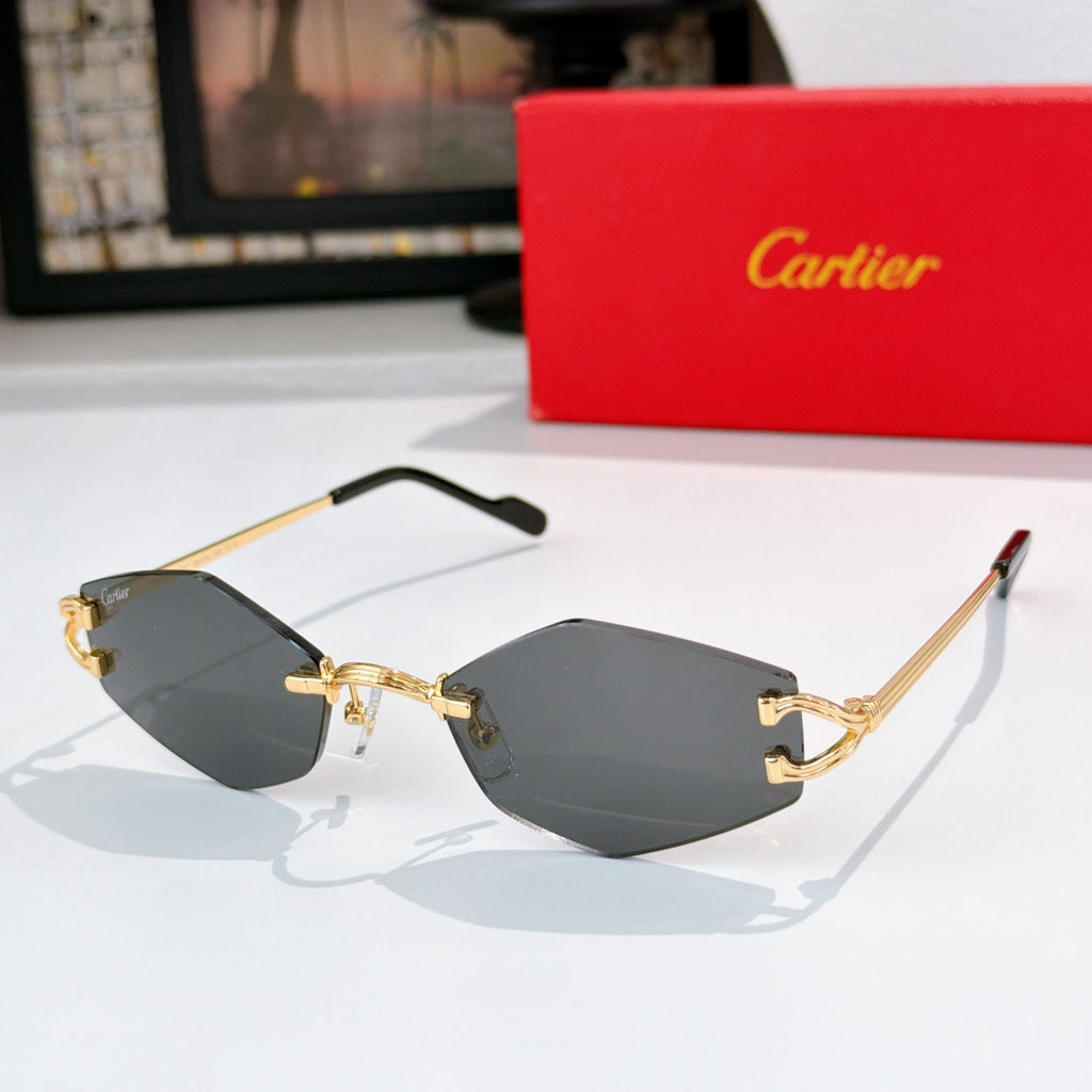 Gold-tone half-rim sunglasses with dark gray tint lenses and black temple tips