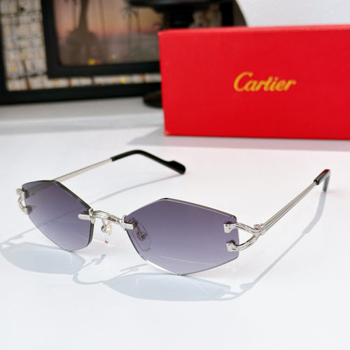 Gold-tone half-rim sunglasses with purple tint lenses and black temple tips