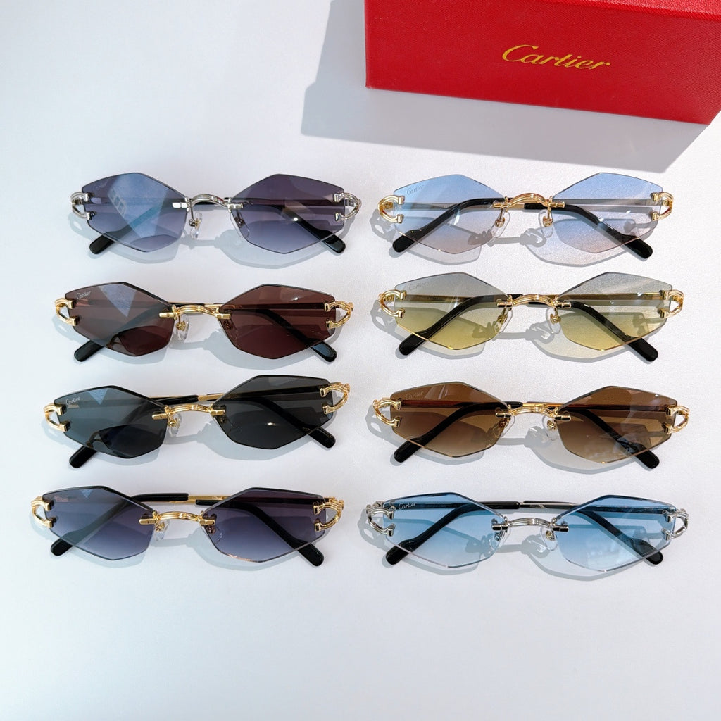 Assorted gold-tone sunglasses with various tinted lenses, several styles shown