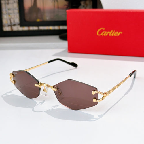 Gold-tone half-rim sunglasses with brown tint lenses and black temple tips