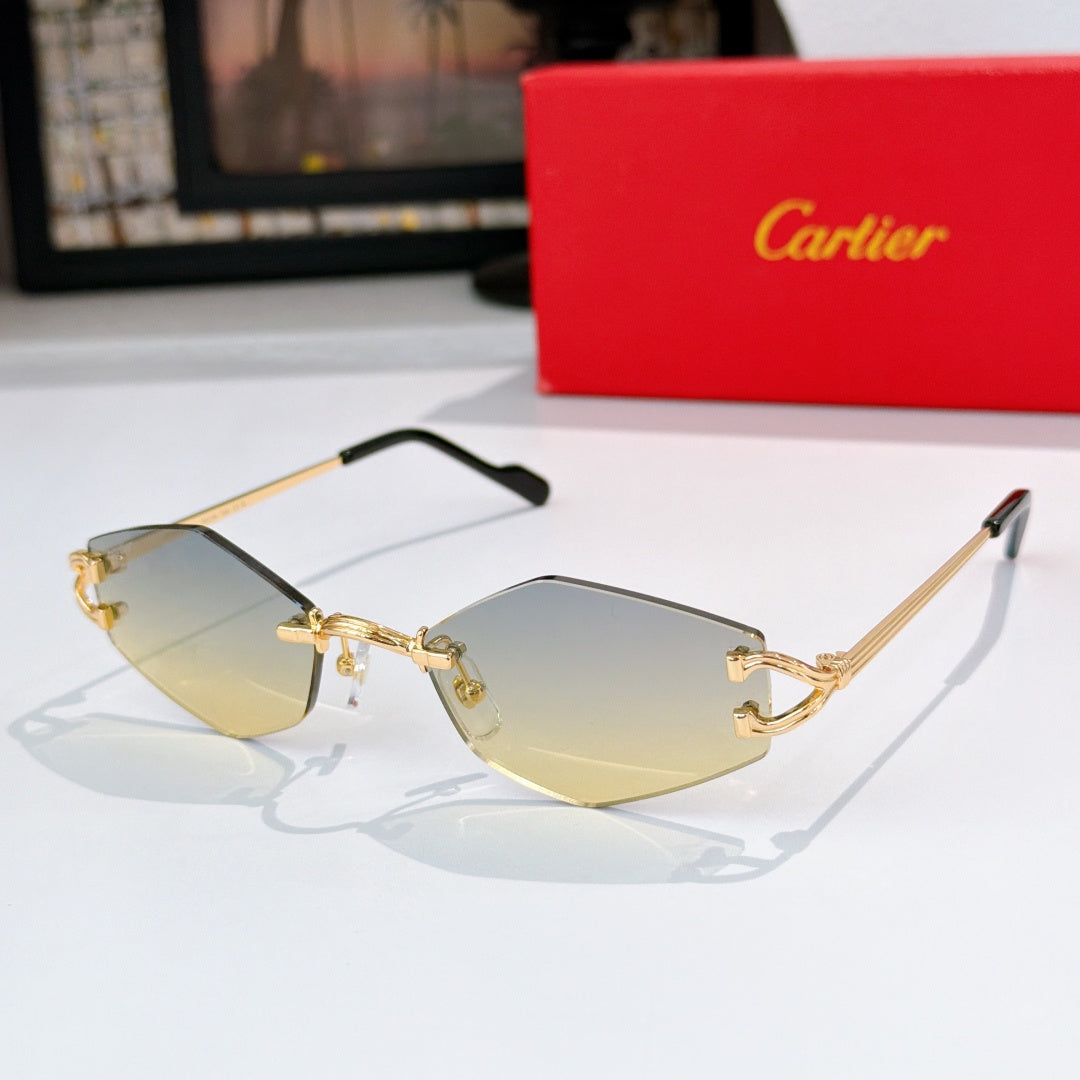 Gold-tone half-rim sunglasses with amber tint lenses and black temple tips
