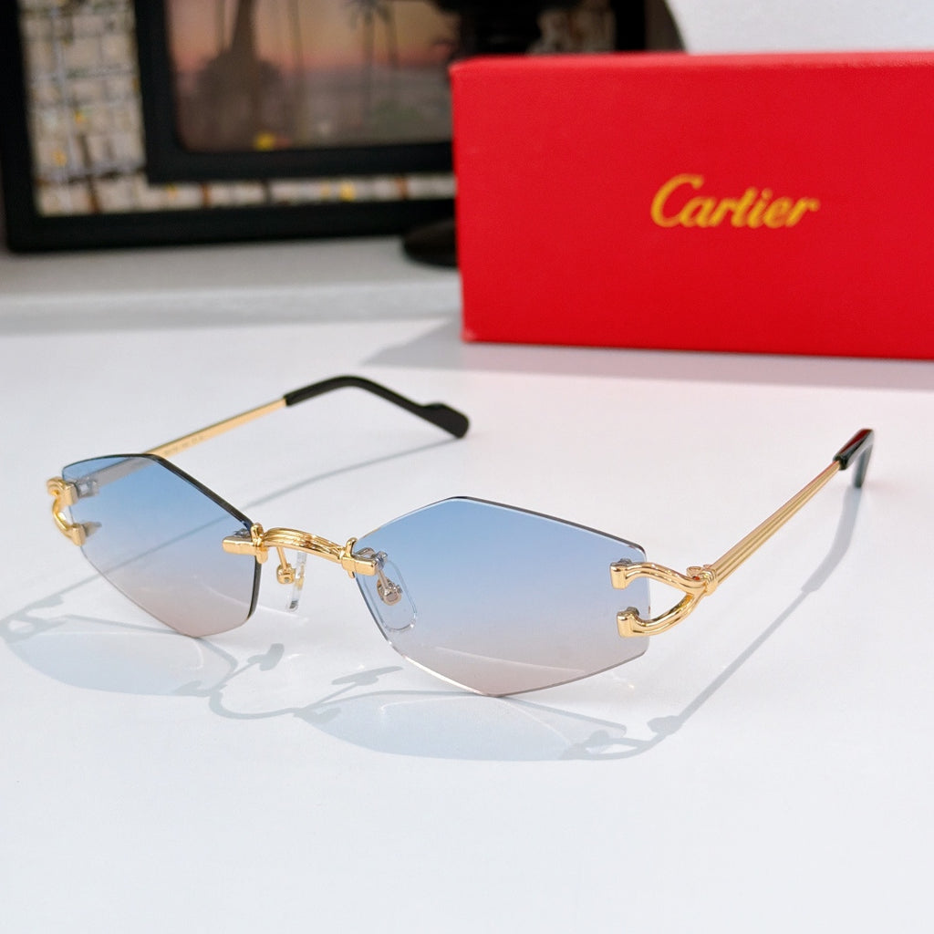 Gold-tone half-rim sunglasses with light blue tint lenses and black temple tips