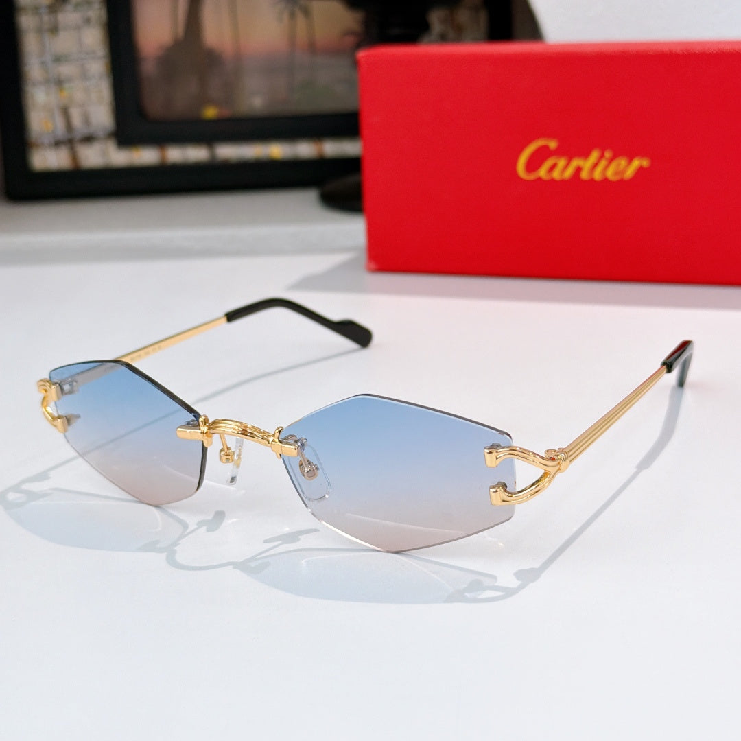 Gold-tone half-rim sunglasses with light blue tint lenses and black temple tips