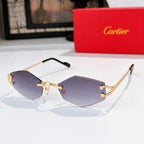 Gold-tone half-rim sunglasses with purple tint lenses and black temple tips
