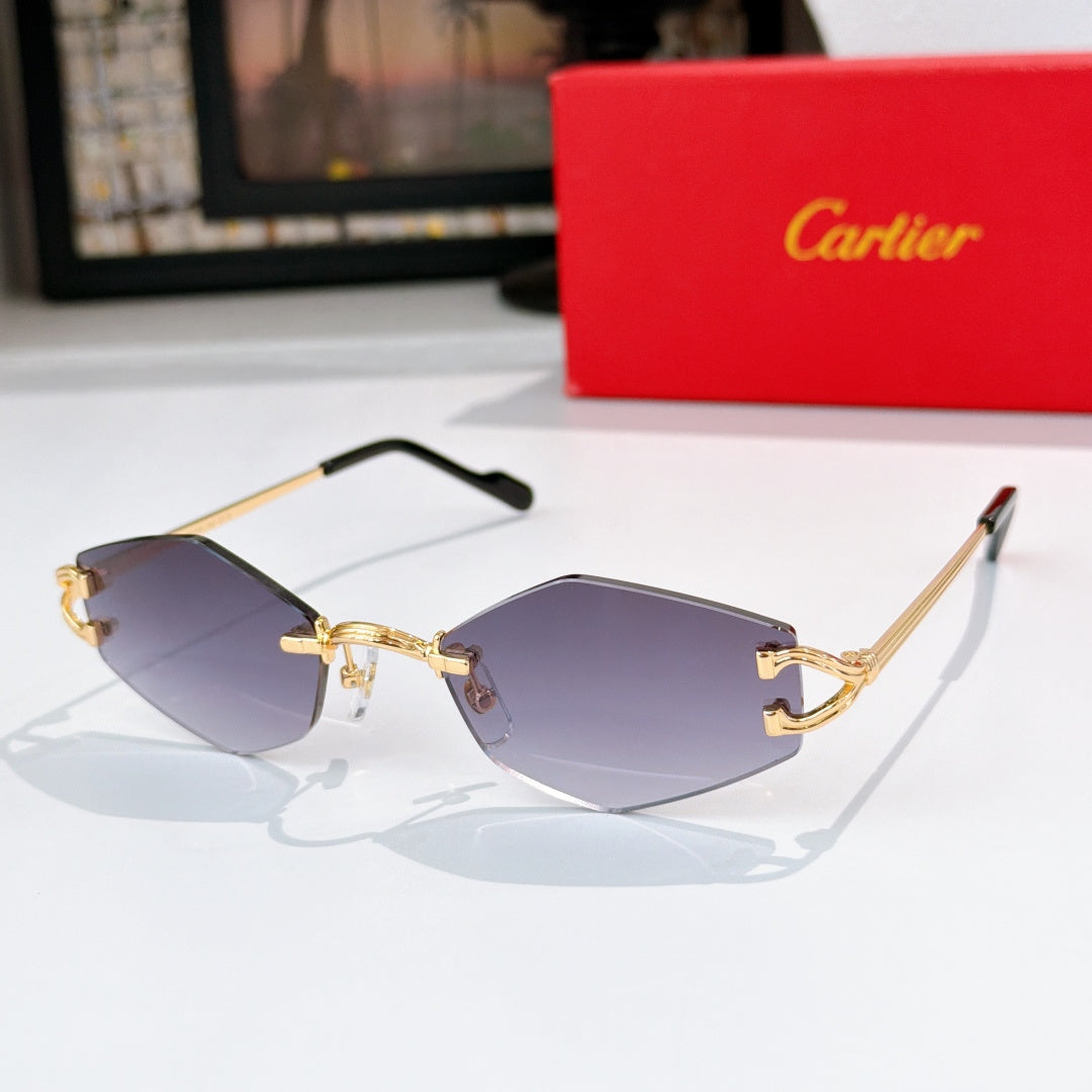 Gold-tone half-rim sunglasses with purple tint lenses and black temple tips
