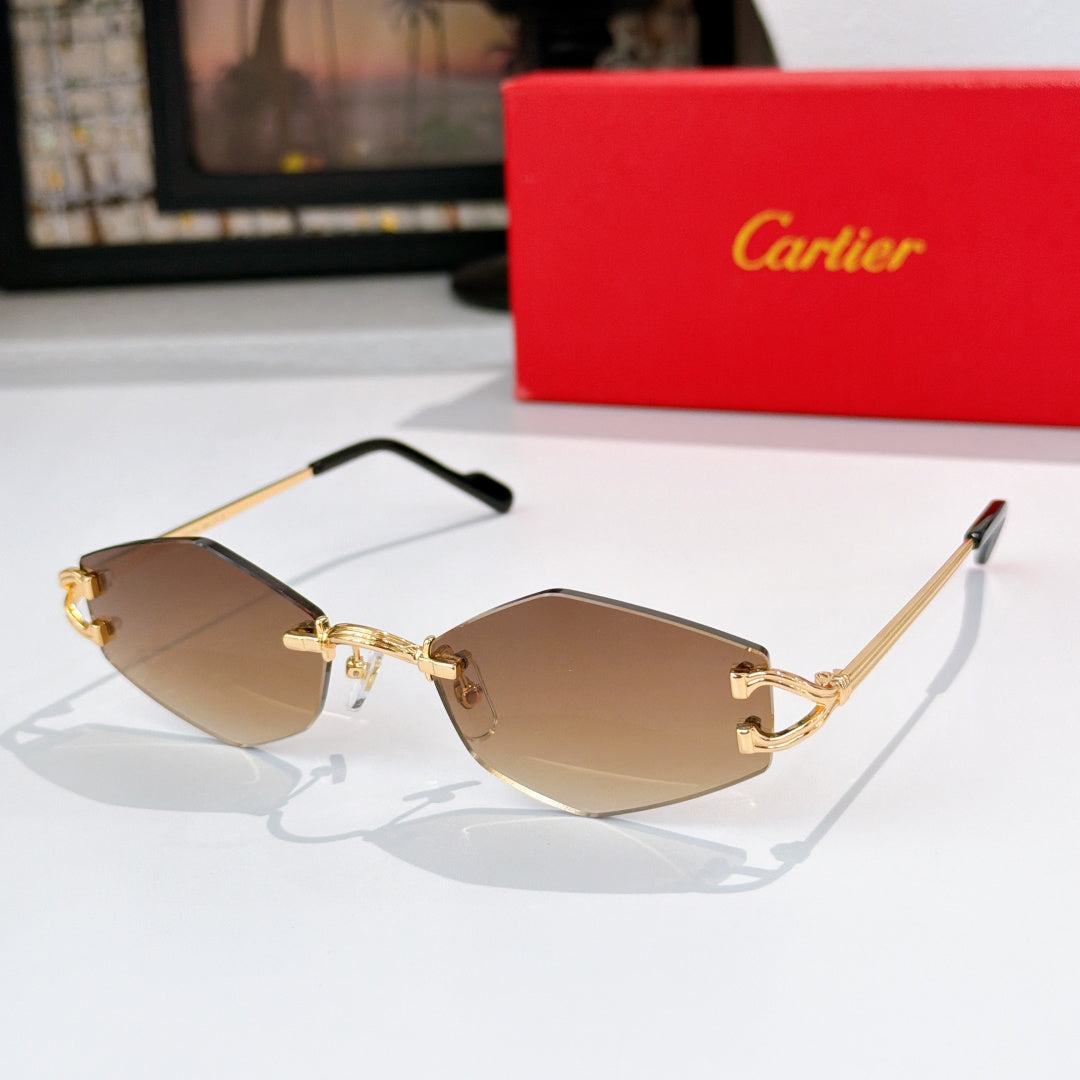 Gold-tone half-rim sunglasses with brown tint lenses and black temple tips