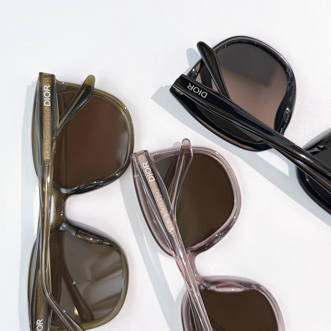 Dior sunglasses set with olive, rose, and black frames and tinted lenses