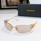 Sunglasses with beige-tinted lenses and gold metal frame, logo panel on arms
