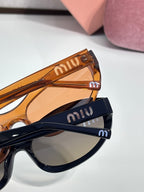 Brown and navy sunglasses with tinted lenses; hard cases behind the frames