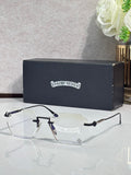 Dark navy metal eyeglasses with clear lenses and engraved temple logo detail
