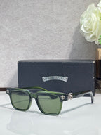 Green rectangular sunglasses with chrome frame and fleur-de-lis temple accents