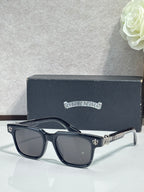 Black square sunglasses with chrome frame and etched logo at temple