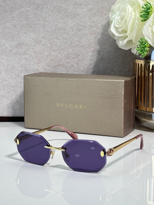 Hexagon sunglasses with purple lenses, gold-tone frame and burgundy accents